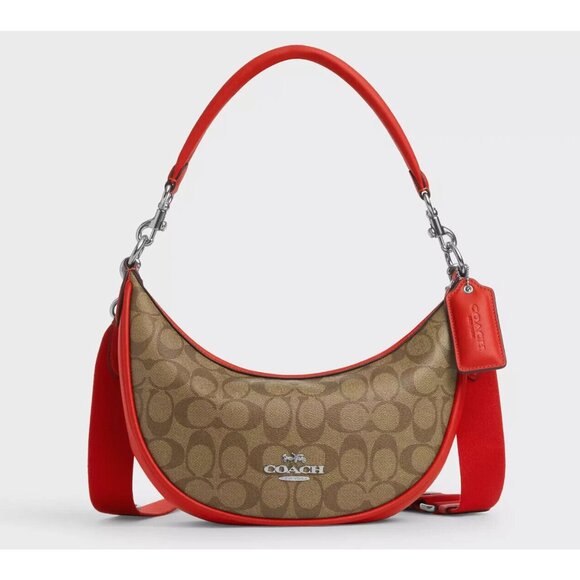 New Coach CR283 Aria Shoulder bag Logo Signature Khaki / Miami Red - Picture 1 of 7